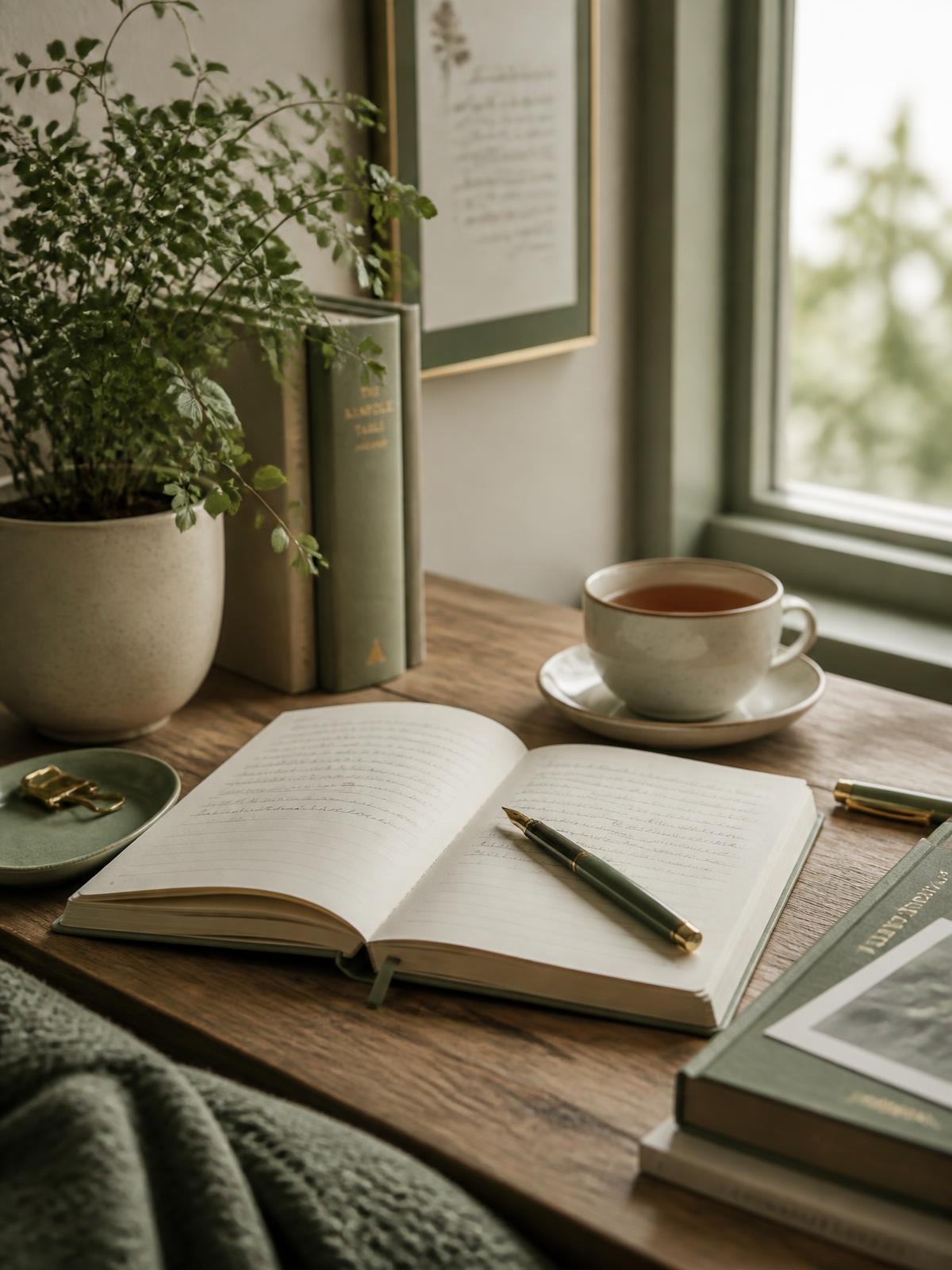Rincón de escritura con cuaderno abierto, pluma y té junto a una ventana